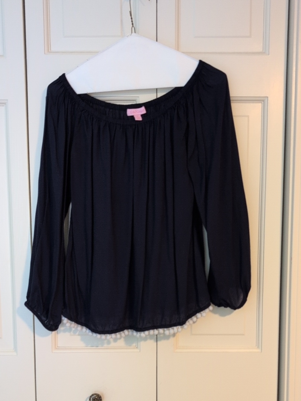 Lilly Pulitzer Navy Off-Shoulder Pom-Hem Blouse